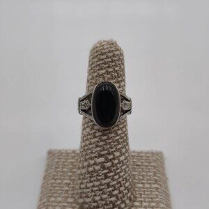 Size 5.75 Sterling Silver Black Onyx Stone With Marcasite's Ring A1759